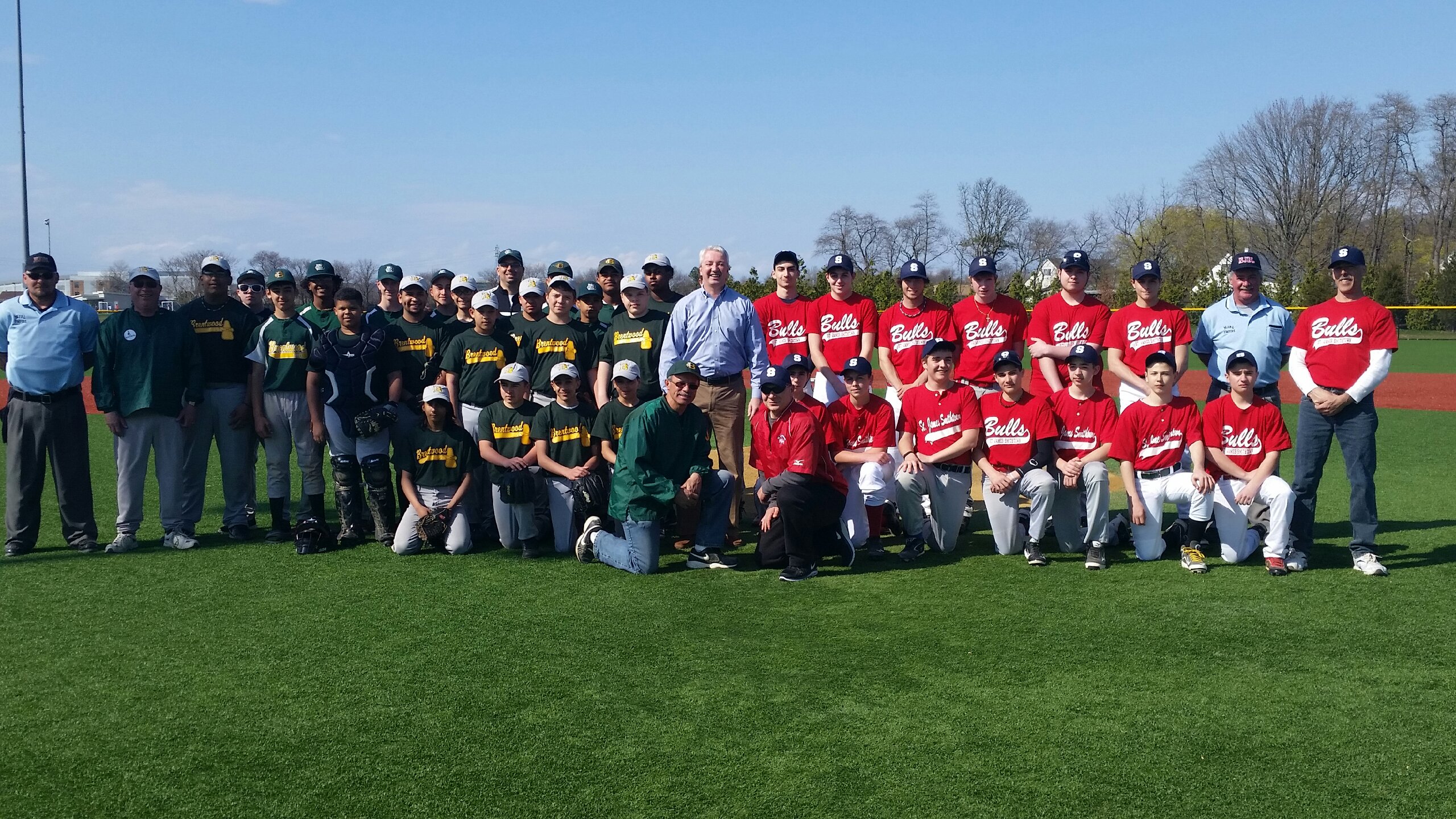 Pictured with New York State Senator Phil Boyle are - Brentwood Travel Baseball's 15 U Brentwood Braves; Brentwood Developmental Program's 2014 Braves Green; the Smithtown Bulls, Coaches and Umpires.